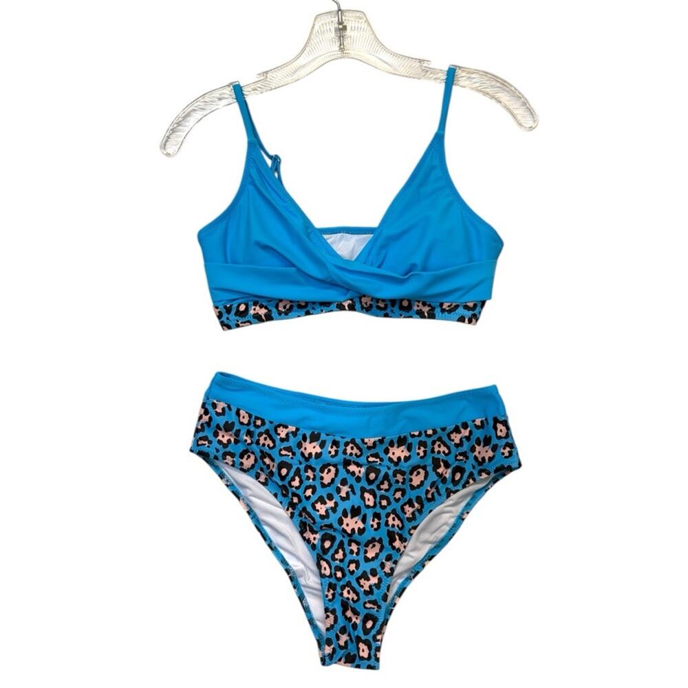Bikini Set Blue Leopard Print Twist Front V-Neck High-Waisted women’s small